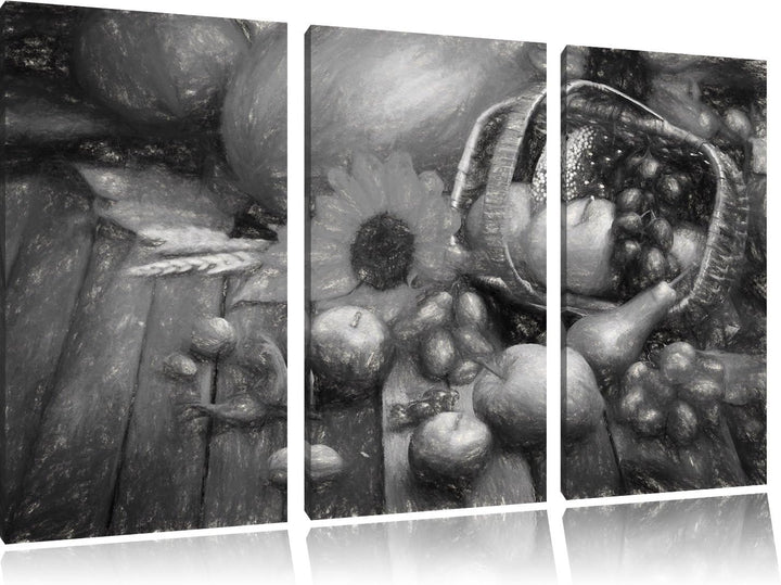Pixxprint Herbstlicher Obstkorb Kohle Zeichnung Effekt 3-Teiler Leinwandbild 120x80 Bild auf Leinwan