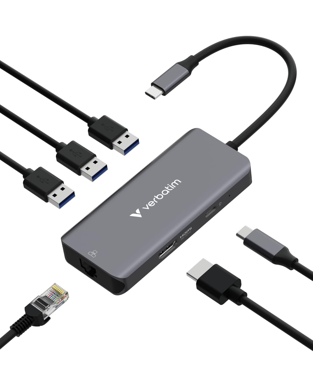 Verbatim USB-C Essentials Multiport Hub, 6 Anschlüsse: RJ45, HDMI, USB-C PD bis 100W, 3× USB-A 3.2 G