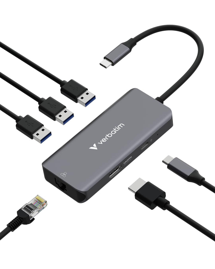 Verbatim USB-C Essentials Multiport Hub, 6 Anschlüsse: RJ45, HDMI, USB-C PD bis 100W, 3× USB-A 3.2 G