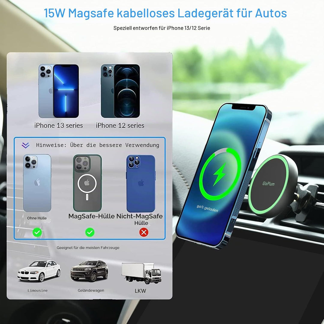Gloplum Kompatibel 15W Ladegerät Magsafe Autohalterung, Kabelloses Magnet Auto Handyhalter,Wireless