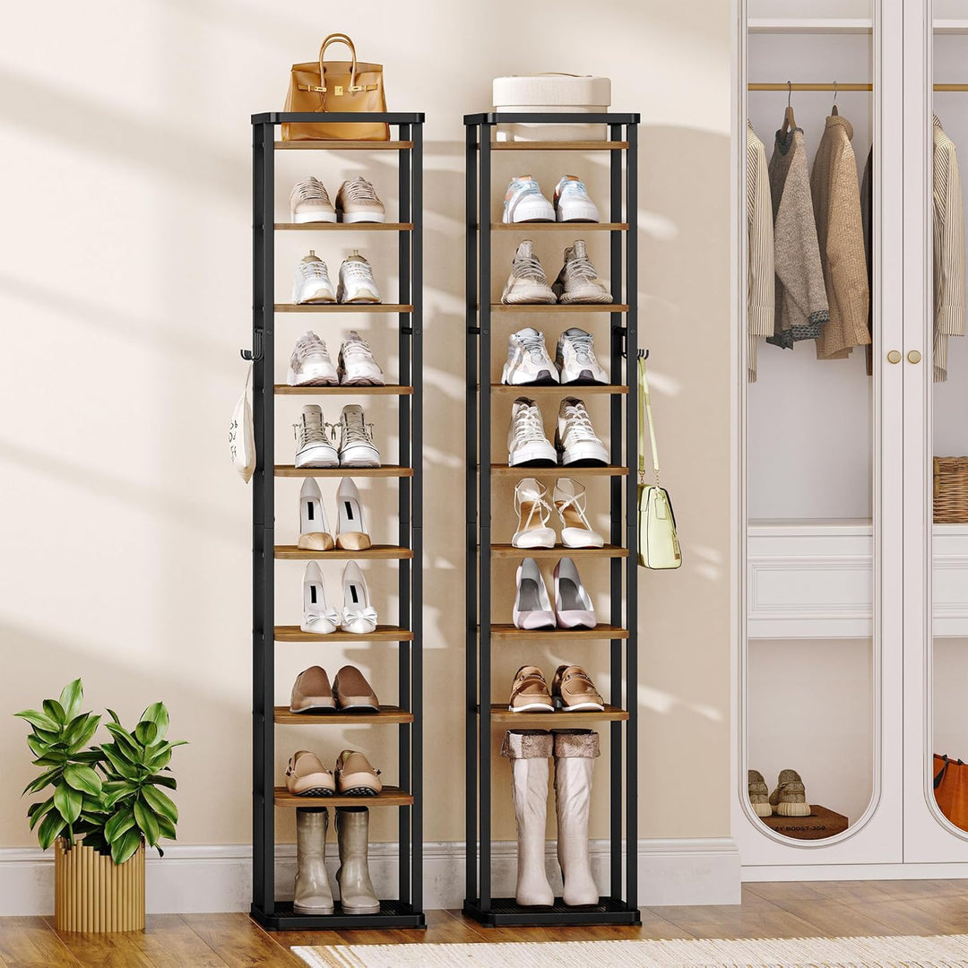Vertikales Schuhregal, 10 Ebenen Schmales Schuhregal mit Haken, Verstellbar, Platzsparend, Schuhturm