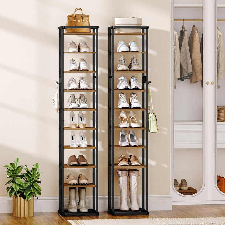 Vertikales Schuhregal, 10 Ebenen Schmales Schuhregal mit Haken, Verstellbar, Platzsparend, Schuhturm