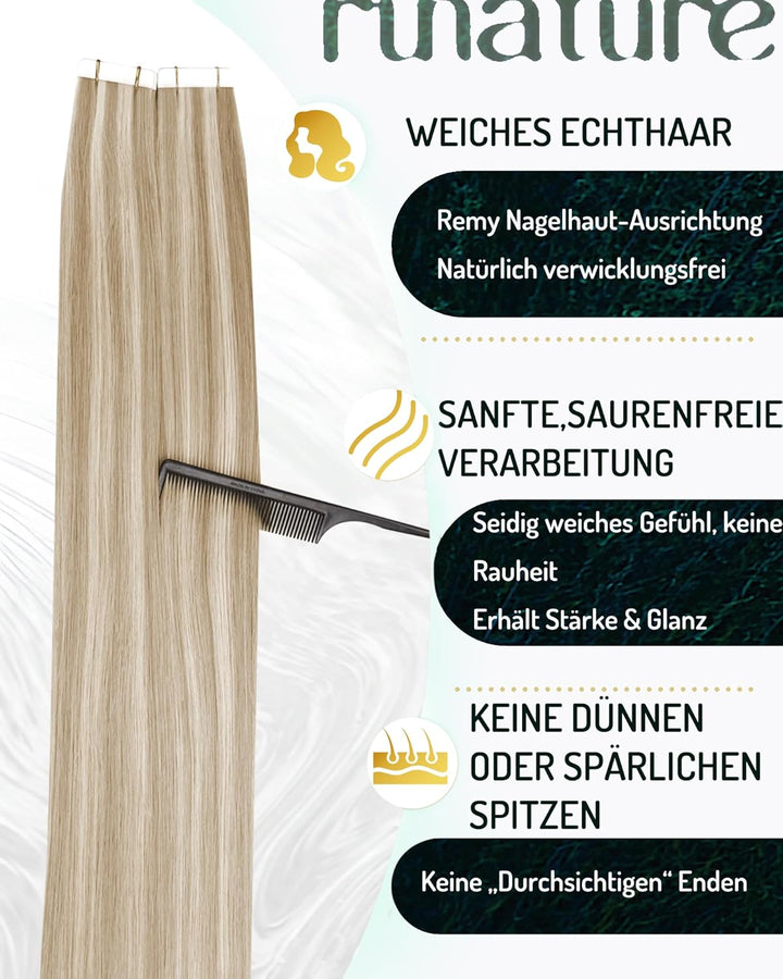 RUNATURE Tape in Extensions Echthaar Braun Blond 30cm Tape Extensions Echthaar 20 Stück Unsichtbare