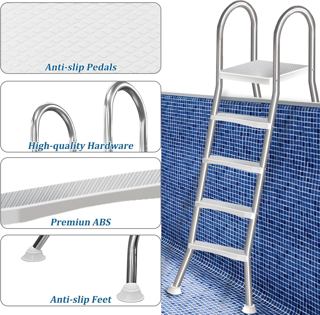rutschfeste Treppe für Aufstellpools, Strapazierfähige 4-stufige Edelstahlleiter, Doppelte Handläufe