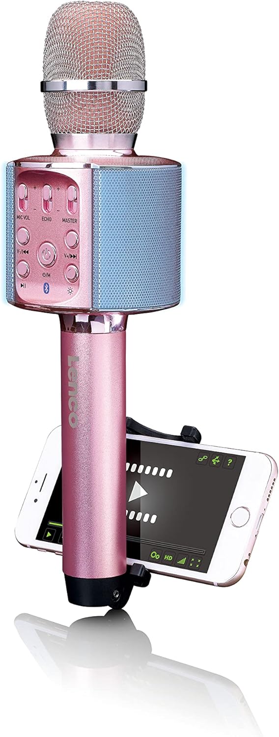 Lenco BMC-090 - Karaoke Mikrofon - Bluetooth V4.2 - Mit Smartphone-Halterung - 5 Watt RMS - LED Lich