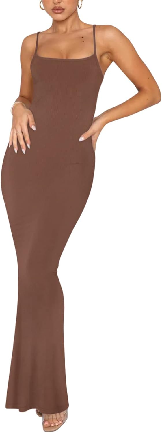 REORIA Damen Sexy Lounge Slip Langes Kleid Elegantes Hochzeitsgast ärmelloses rückenfreies Geripptes