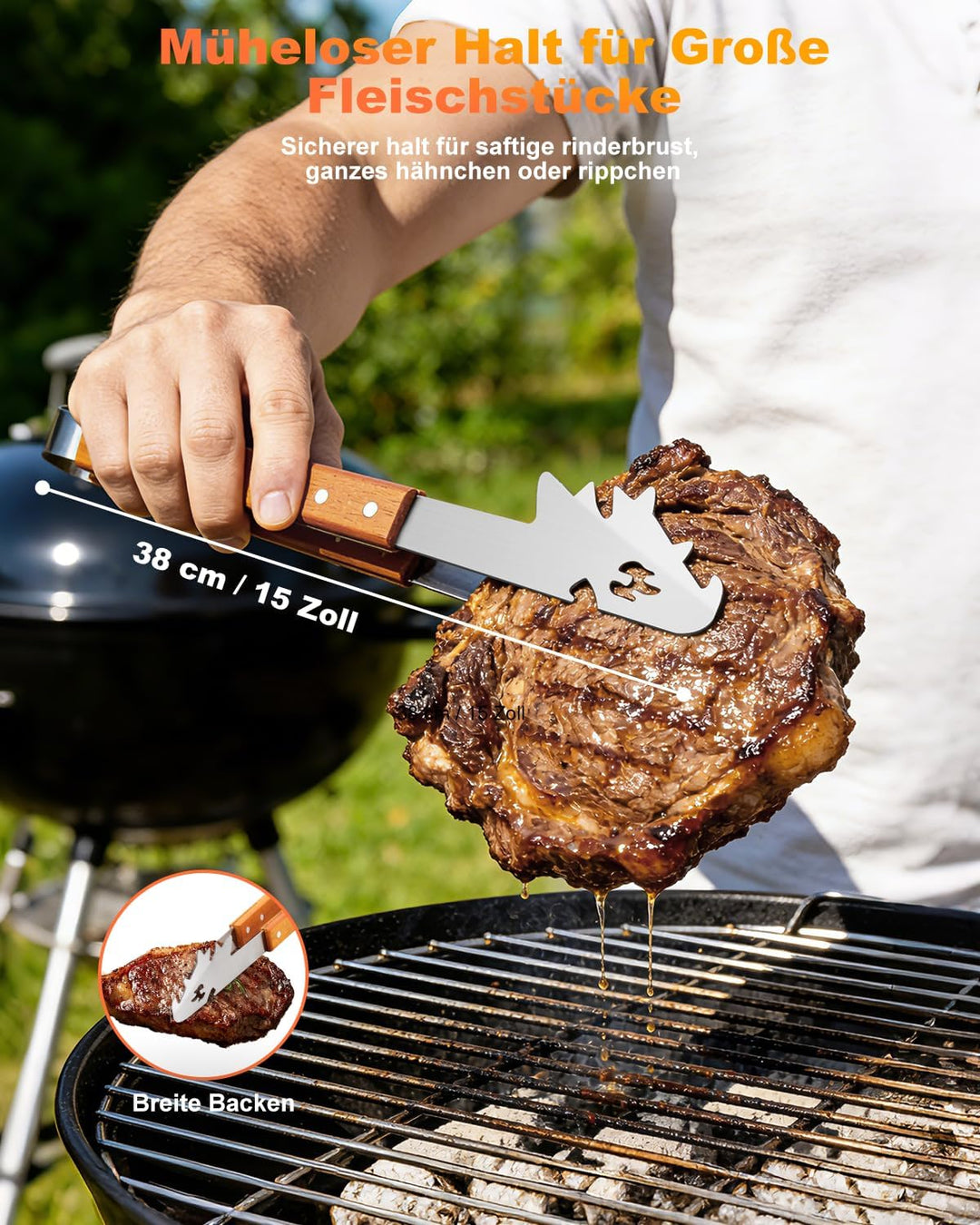 BBQ Grillbesteck Set 3-TLG, Extra Langes Grillwerkzeug, Edelstahl Holzgriff, Grill Zubehör mit Grill