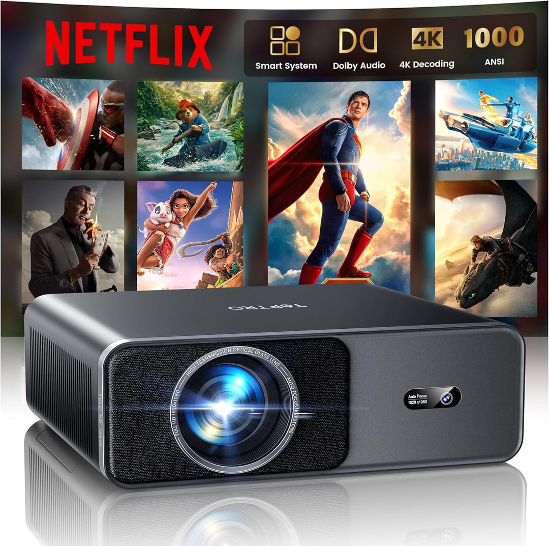 Smart Beamer 4K - [Kompatibel mit Netflix & Dolby Audio] 1000 ANSI Autofokus & 6D Trapezkorrektur, T
