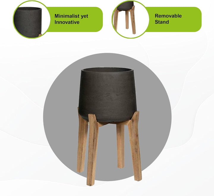 Finestgreen Patt Feet High | Handgefertigtes Pflanzgefäss auf Holzfüssen (XXL Ø:43,5 H:65 cm, Schwar