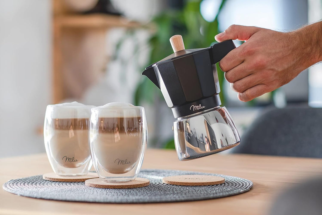 Milu Espressokocher Induktion geeignet | 3, 6, 9 Tassen | Aluminium / Edelstahl Mokkakanne, Espresso