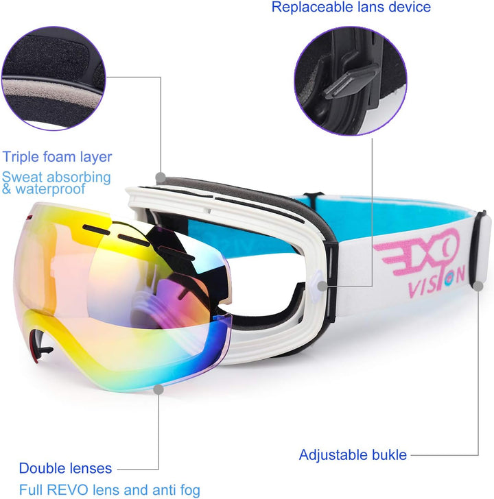 EXP VISION Snowboard Skibrille für Herren Damen Jugend, 100% UV400 Schutz Anti Beschlag über der Bri