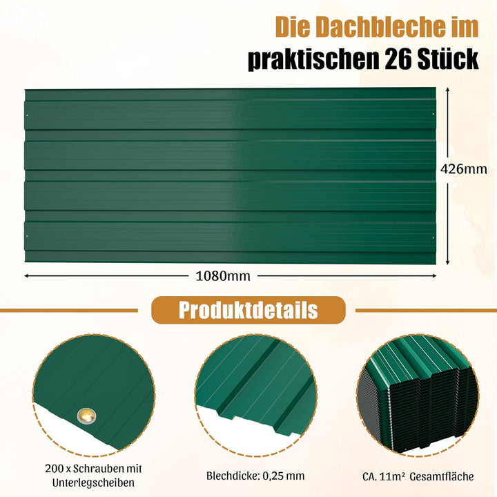 26 Stück Profilblech Verzinkter Stahl – 12 m² Dachblech Set mit Schrauben, UV-beständig, Winterfest