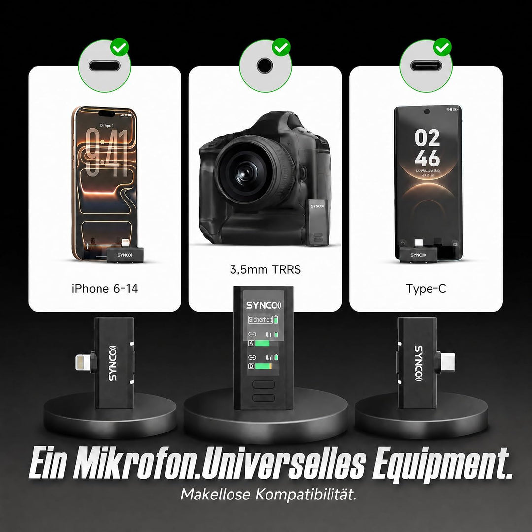 SYNCO G4 Kabelloses Lavalier-Mikrofon für iPhone7-17/Android/Kamera, 2,4 GHz Dual-Channel, 20 h Akku
