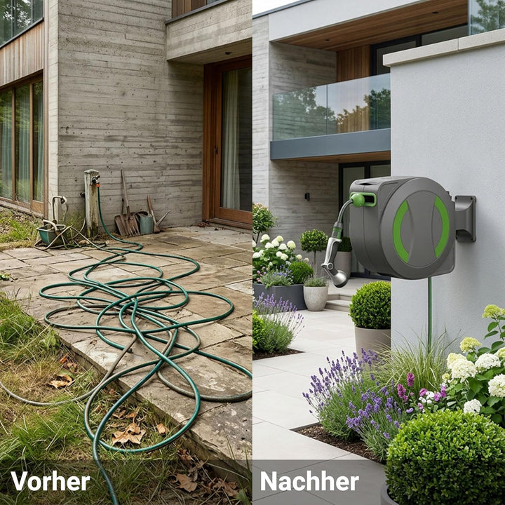 Dönges novaterra® Akku Schlauchtrommel 30m – Automatische akkubetriebene Gartenschlauchtrommel mit e