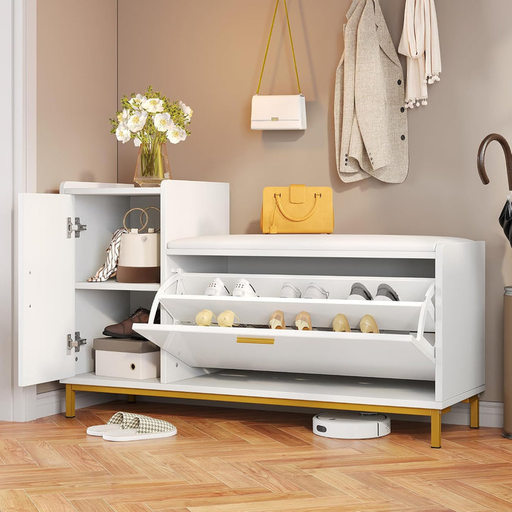 Merax Schuhschrank 100 × 38 × 68 cm mit Sitzbank &amp; Stauraum, Hochglanz Schuhregal mit 2 Klappfächern