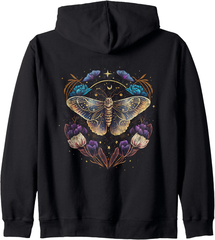 Kosmische Motte, Mond, Sterne, Blumen, Wicca, Goth, Vintage Kapuzenjacke