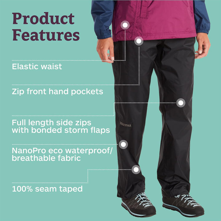 Marmot Damen Wm's PreCip Eco Full Zip Pant, Wasserdichte Regenhose, winddichte Wanderhose, atmungsak
