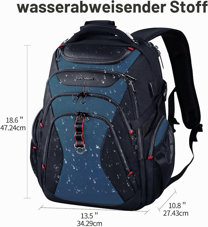 KROSER Laptop Rucksack Herren 17,3 Zoll Reise XL BusinessRucksack Schwerlast Wasserdicht mit Hartges