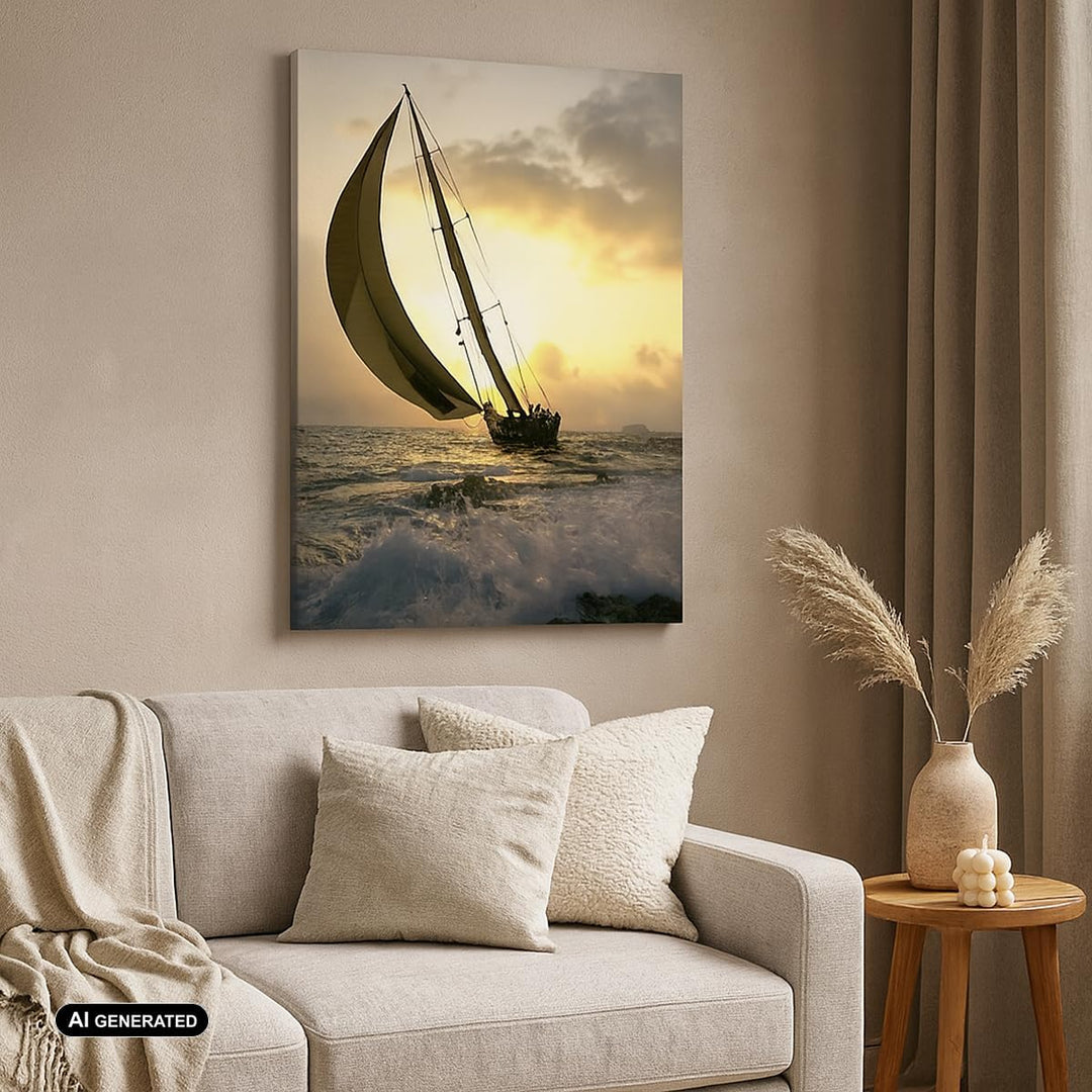 Bilder auf Leinwand Schiff Sonnenuntergang Sonne Landschaft Leinwandbild mit Rahmen 45x80cm Wandbild