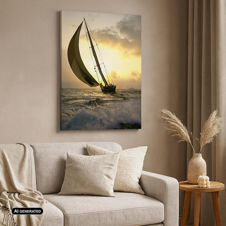 Bilder auf Leinwand Schiff Sonnenuntergang Sonne Landschaft Leinwandbild mit Rahmen 45x80cm Wandbild