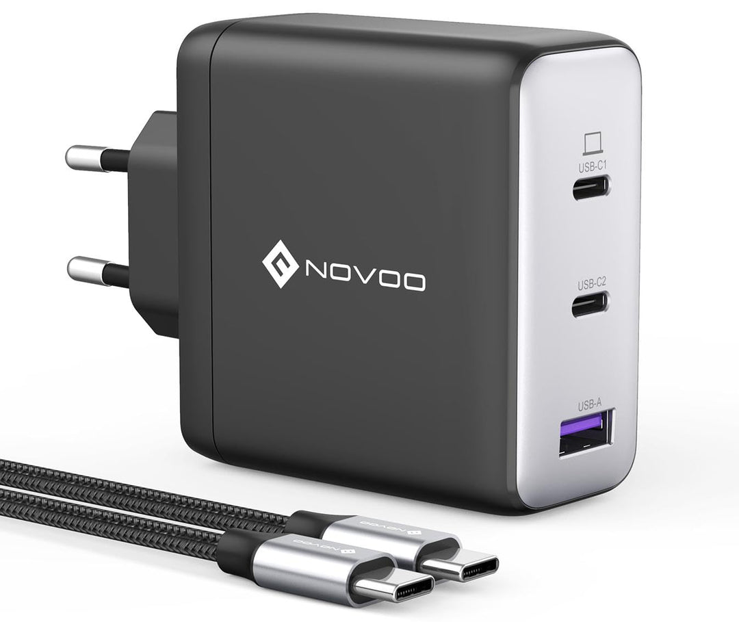 NOVOO 120W USB C Ladegerät GaN Ⅲ 3-Port USB C Netzteil Schnellladegerät mit 2 PD 100W Typ-C-Kabeln W