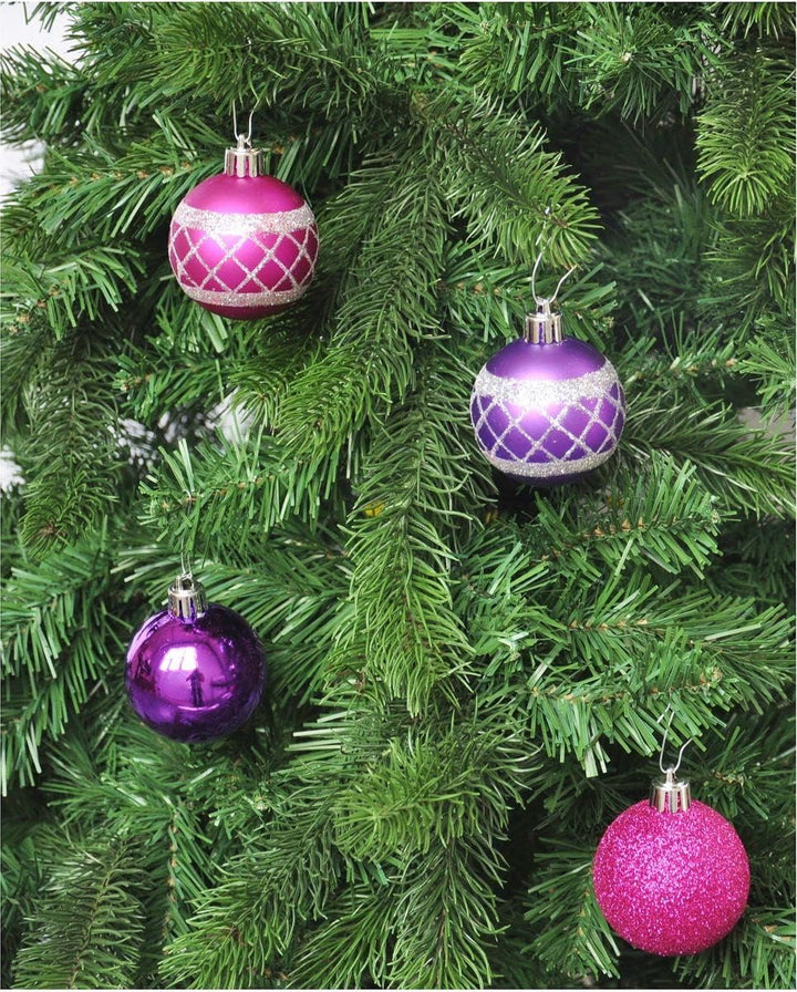 64x Kunststoff Christbaumkugeln 6cm Kugel Box Glanz Glitzer Matt Dekor Inge Glas, Farbe:Pink-Purple