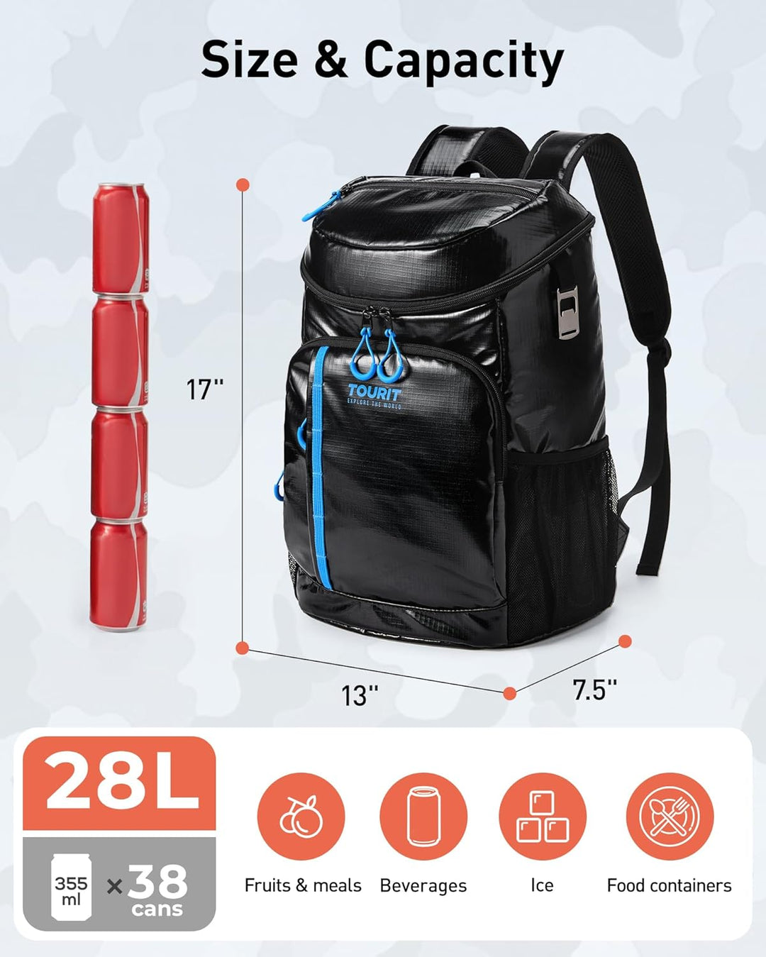 TOURIT Kühler Rucksack Leichter Rucksack 28L mit Flaschenöffner Hält 30 Dosen Dunkle Schwarz, Dunkle