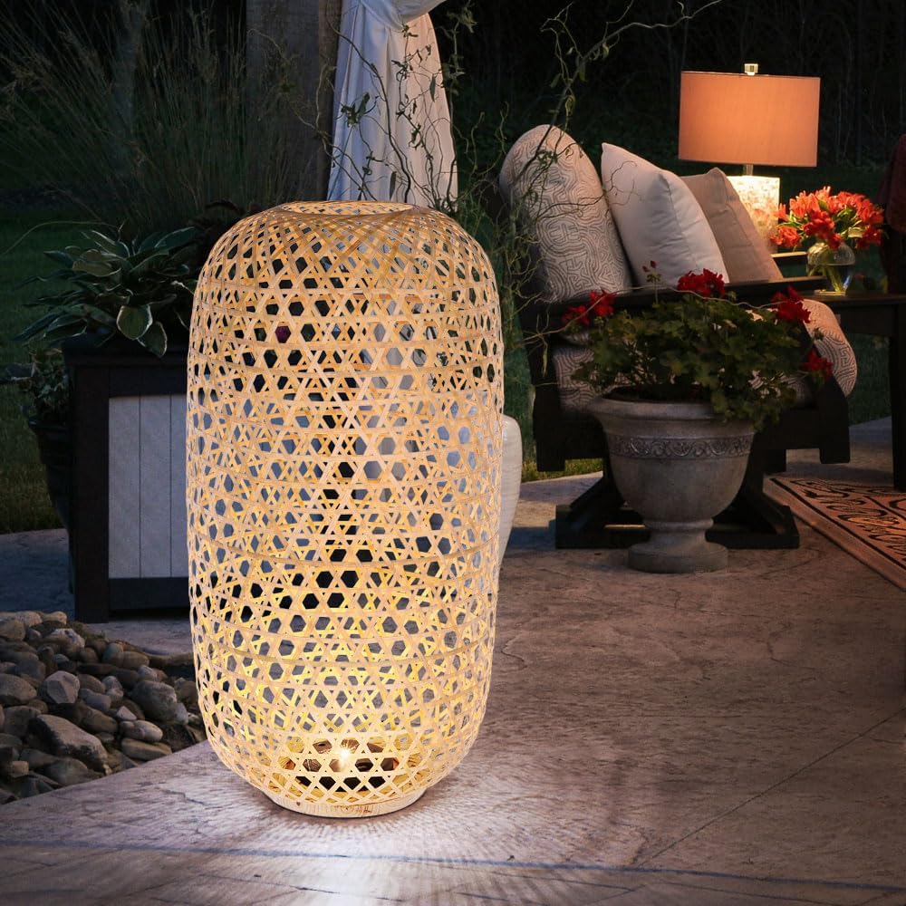 GLOBO Solarleuchte Korbgeflecht Stehleuchte Bambus Aussenlampe Solarlaterne, hinstellen aufhängen, L