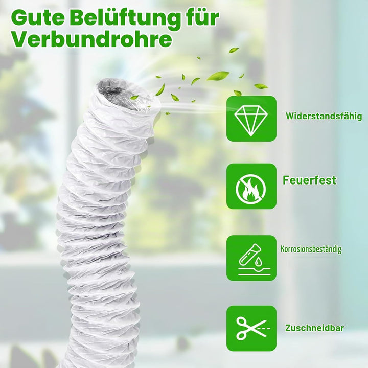 Abluftschlauch 80 mm Länge 6 M PVC Flexibel Alurohr Schlauch Aluminium Aluflexschlauch mit 2 Schlauc