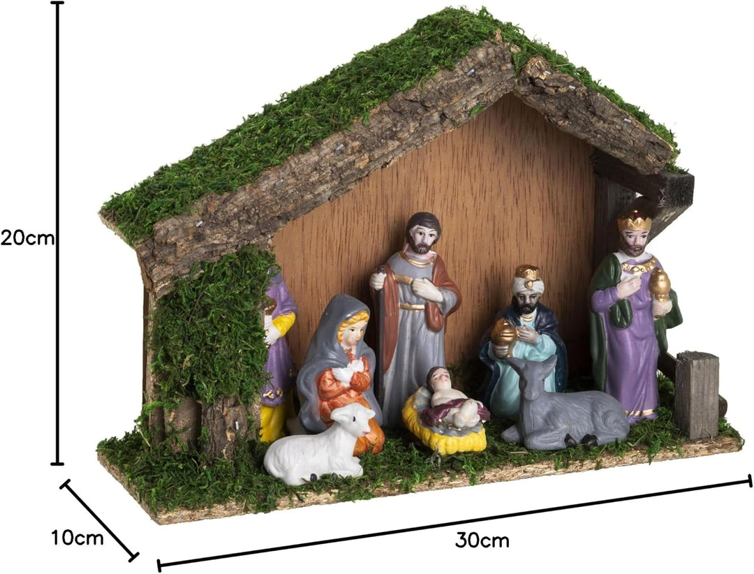Dekoleidenschaft Weihnachtskrippe aus Holz, Holzkrippe mit Moos + 8 Krippenfiguren aus Porzellan, We