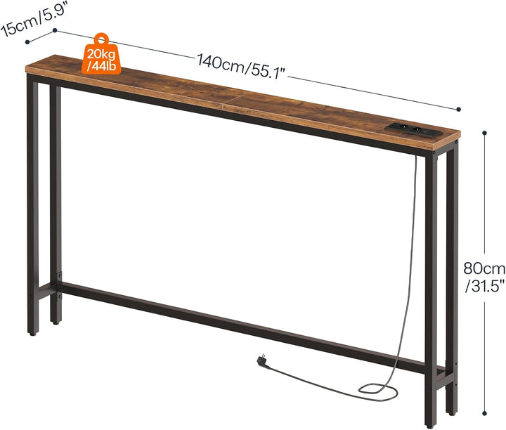 HOOBRO Schmaler Konsolentisch, 140 cm Langer Beistelltisch, Sofatisch mit Ladestation, Eingangstisch