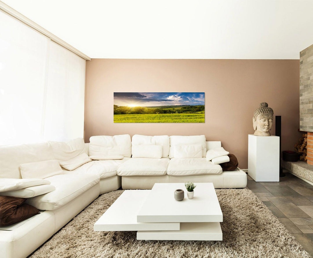 Paul Sinus Art Panoramabild auf Leinwand und Keilrahmen 150x50cm Ukraine Wiese Wolken Sonnenstrahlen