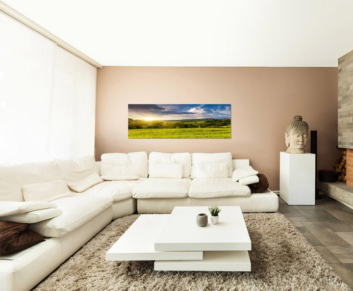Paul Sinus Art Panoramabild auf Leinwand und Keilrahmen 150x50cm Ukraine Wiese Wolken Sonnenstrahlen