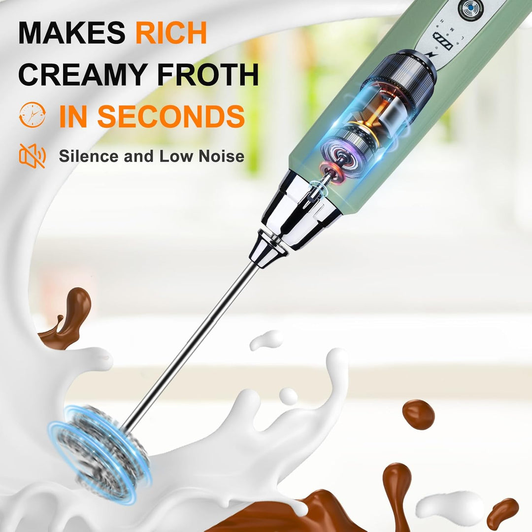 YUSWKO Wiederaufladbarer Milchaufschäumer für Kaffee mit Ständer, Handheld Getränkemixer mit 3 Köpfe