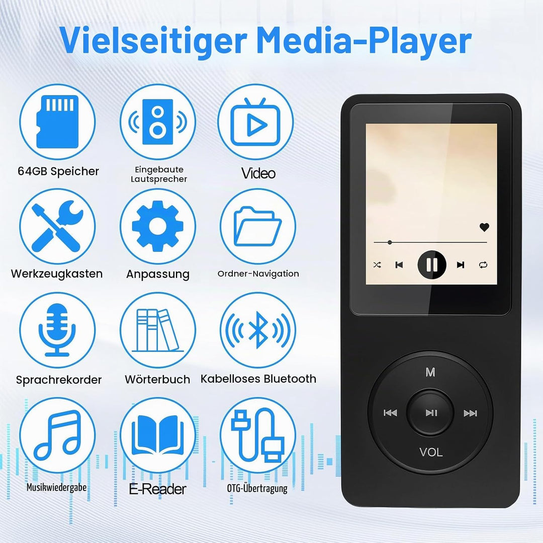64GB MP3 Player Bluetooth 5.3, Musikplayer mit Lautsprecher &amp; HD-Klang, HiFi-Sound Verlustfreier Aud