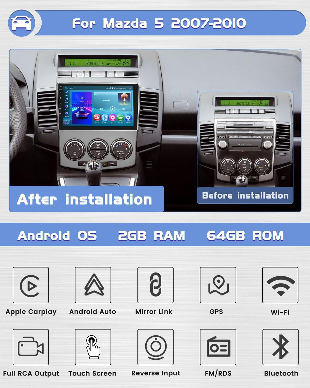 [2G+64G] Hikity Autoradio Navi Für Mazda 5 2007-2010 Android 13 Wireless Carplay 9 Zoll Bildschirm R