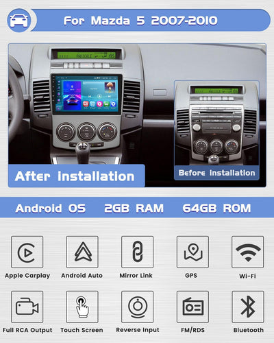 [2G+64G] Hikity Autoradio Navi Für Mazda 5 2007-2010 Android 13 Wireless Carplay 9 Zoll Bildschirm R
