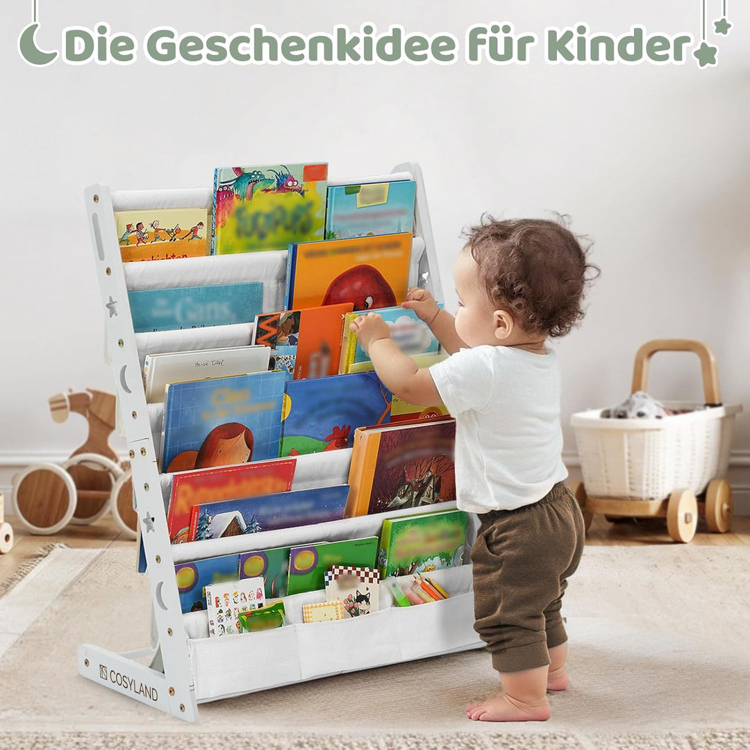 COSYLAND Bücherregal Kinder mit 6 Oxford-Stoff Fächern - Kinderbücherregal aus Naturholz - Bücherreg