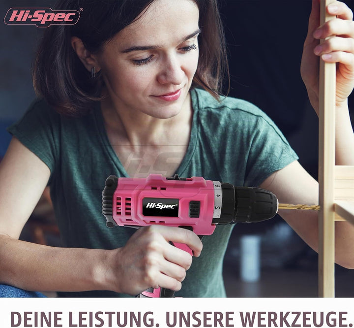 Hi-Spec 30-tlg. Pink Akku-Bohrschrauber 12V und Haushalts DIY Werkzeug Set. Kabelloses Bohren und Sc
