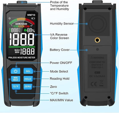 MESTEK WM710 Nadelfreies Hygrometer, digitaler Trockenwandfeuchtemelder, LCD-Display Wandfeuchtemess