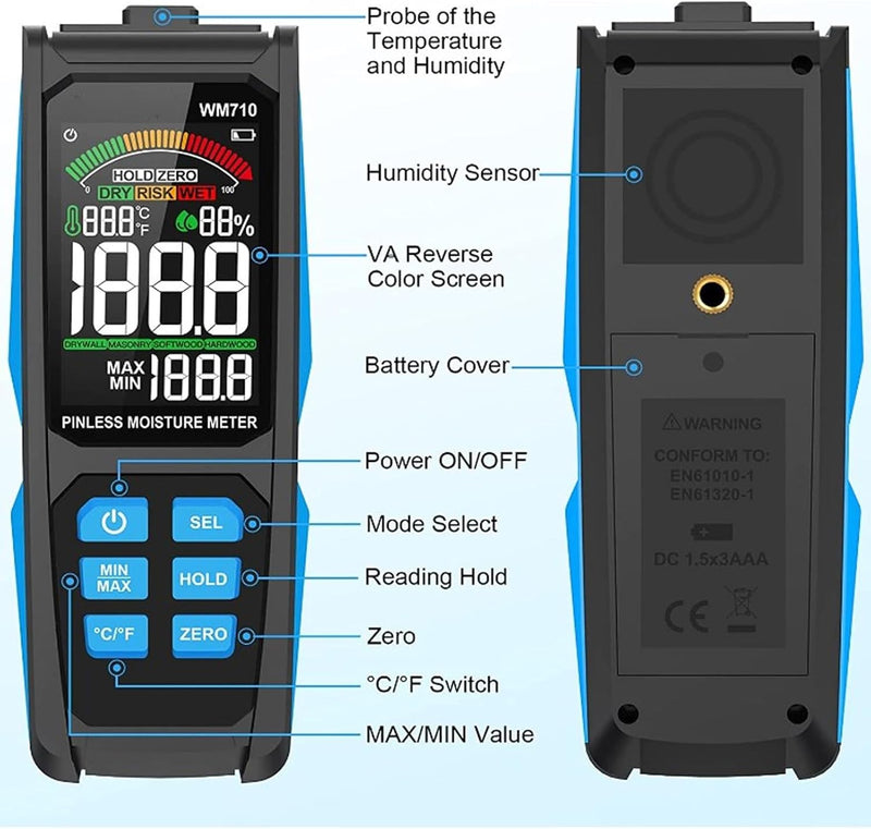MESTEK WM710 Nadelfreies Hygrometer, digitaler Trockenwandfeuchtemelder, LCD-Display Wandfeuchtemess