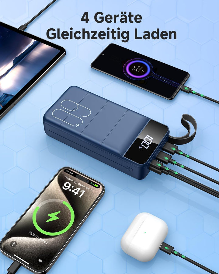 60000mAh Power Bank 22,5 W Powerbank USB-C Schnellladefunktion Externe Akku mit 4 Ausgänge und 2 Ein