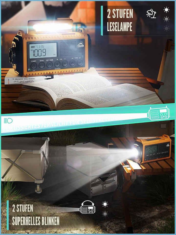 Notfallradio | 12000mAh Powerbank | Kurbelradio |Solar Radio mit Weltempfänger | AM/FM/SW, SOS, USB-