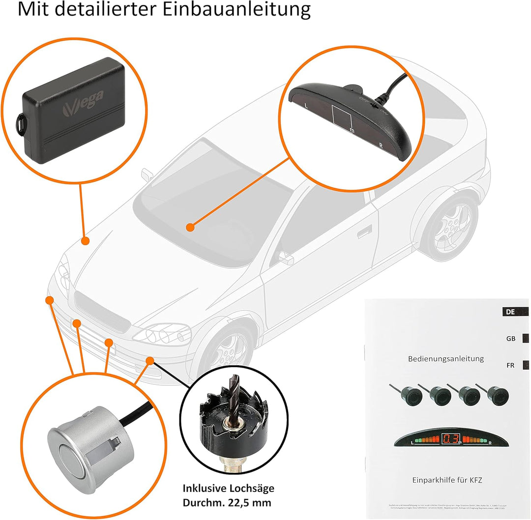 VSG24 Premium Einparkhilfe VORNE mit Display zum nachrüsten am Auto, PDC Parksensoren hinten mit Ste
