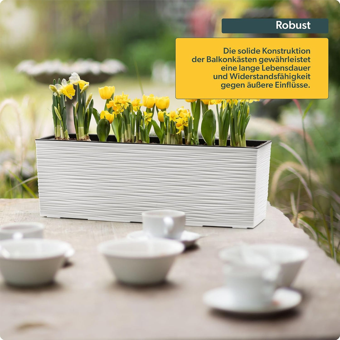 KADAX Blumenkasten 18,5x56 cm, Ritzmuster, Creme, mit Einsatz – wetterfester rechteckiger Pflanzkast