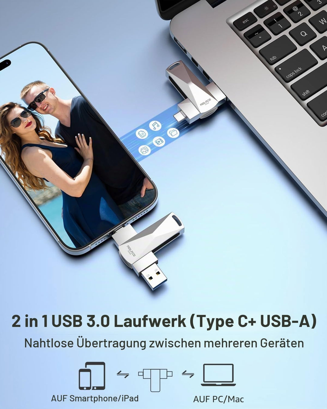 ABLAZE 64 GB USB C Stick, Dual USB 3.0 + Typ C, kompatibel mit iPhone 16/15, Android-Smartphones, Co