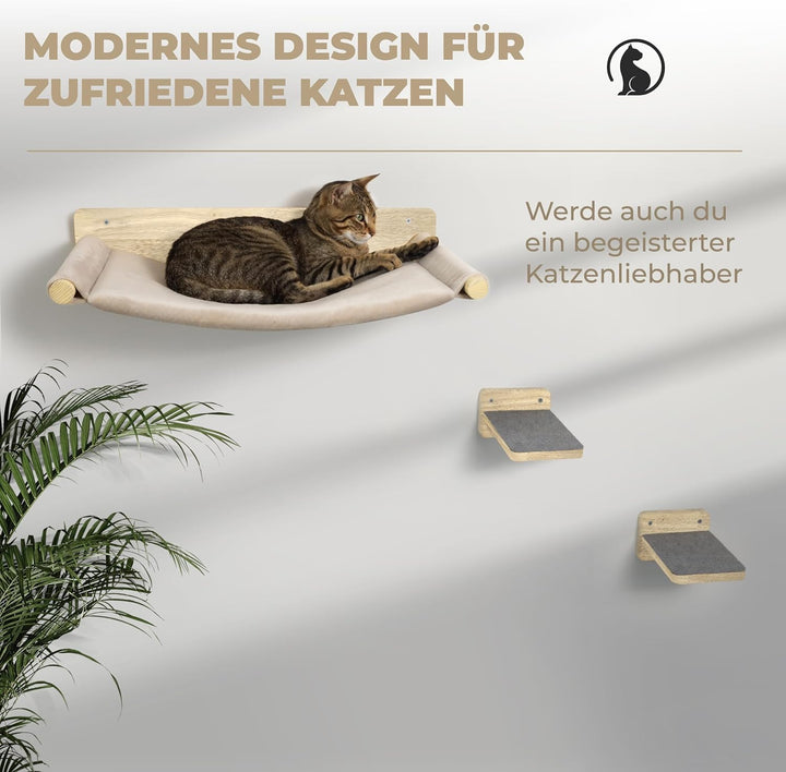 WOOWOOD Katzen Kletterwand 3-teilig, Hängematte und 2 Katzentreppen, 3-teilig