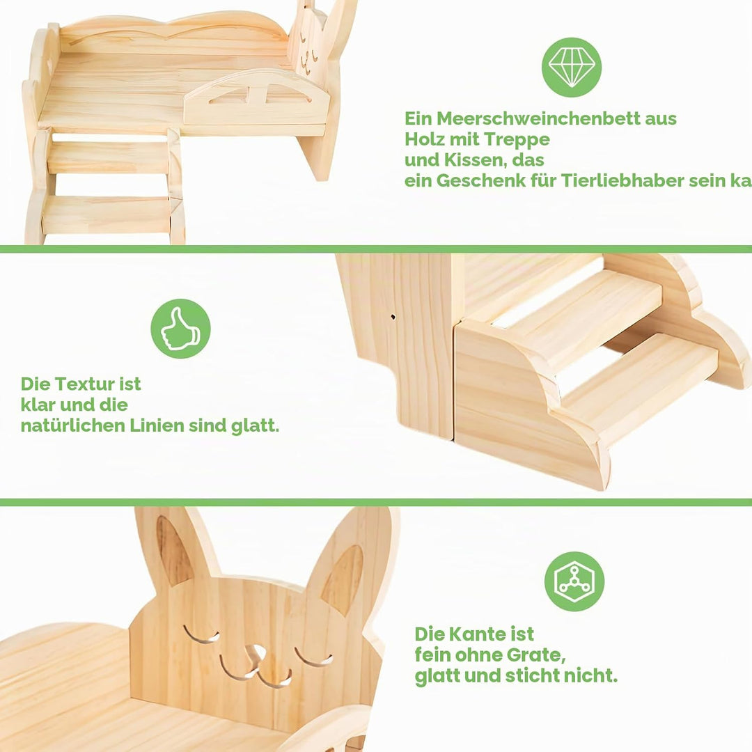 BORDEAG Holz Meerschweinchen Bett Mit Treppe Und Matte,34 * 22 * 18 cm Meerschweinchenbett Aus Holz,