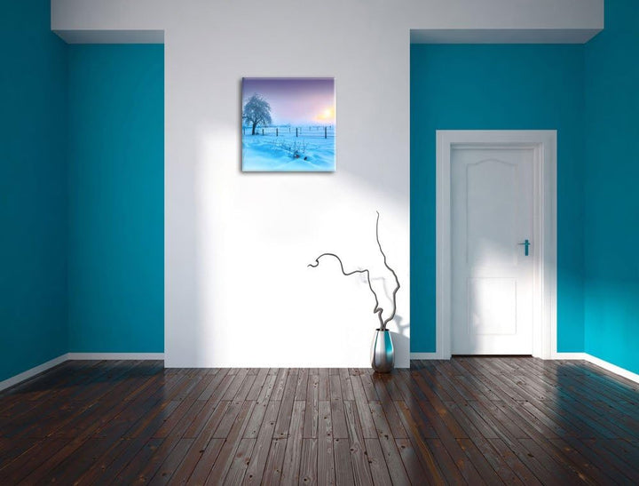Baum in Winterlandschaft, Format: 70x70 auf Leinwand, XXL riesige Bilder fertig gerahmt mit Keilrahm