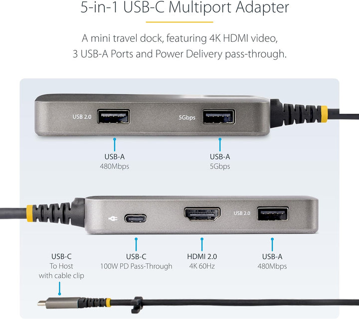 StarTech.com USB-C Multiport Adapter, 4K 60Hz HDM mit HDR, 3-Port USB Hub, 100W Power Delivery Pass-